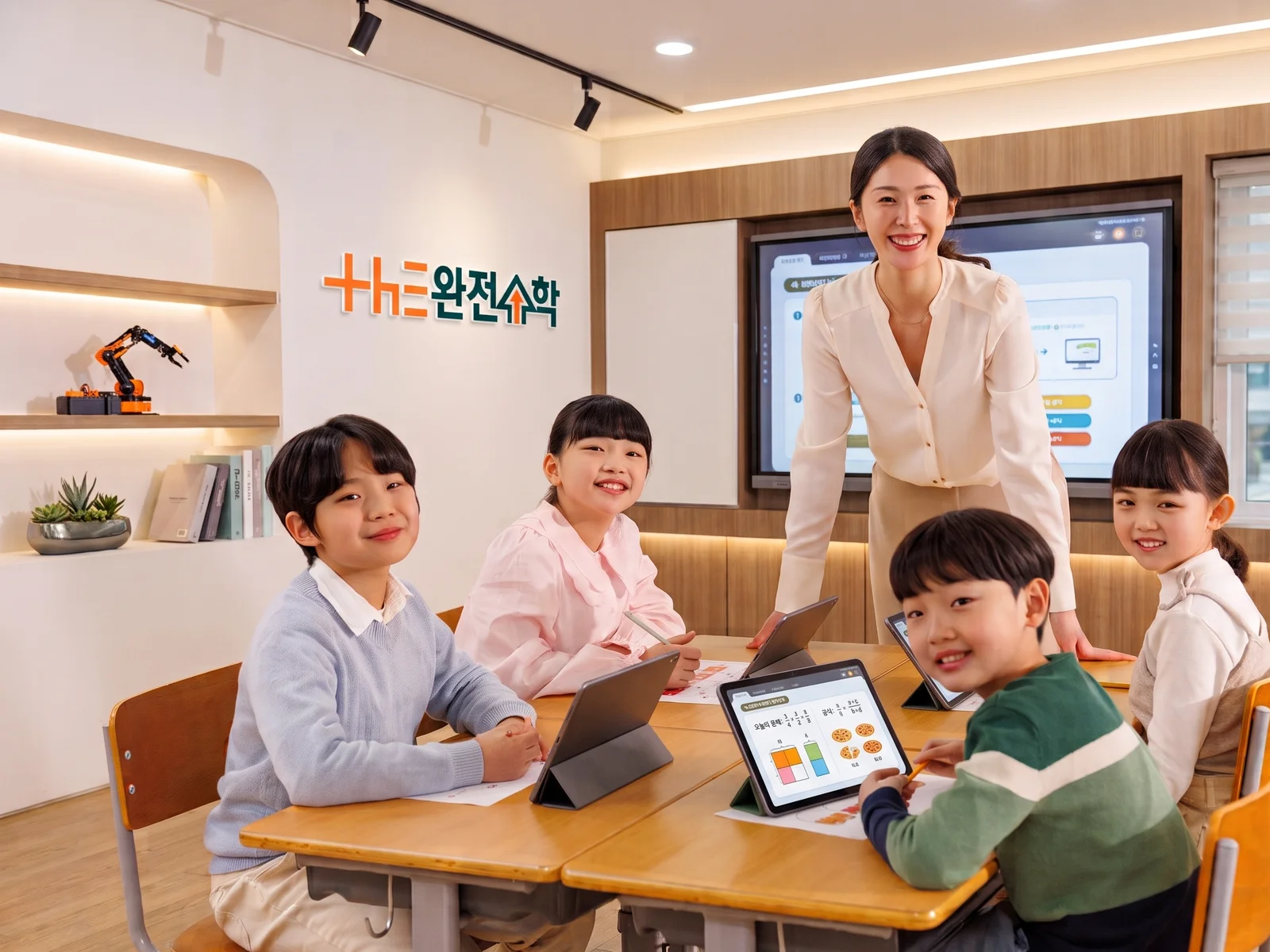 수업 장면 — 태블릿 강의 + 선생님 설명